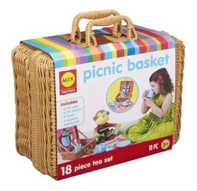 this is an image of a pretend woven picnic basket for little girls ages 3 and up. 