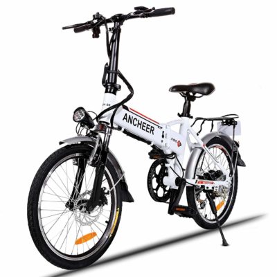 This is an image of a 20 inch white folding eBike by ANCHEER. 