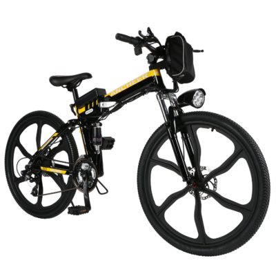 This is an image of a 26 inch yellow folding electric mountain bike by ANCHEER.