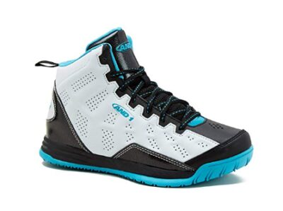 This is an image of a black, white and teal color combination basketball shoes by AND1 designed for kids. 
