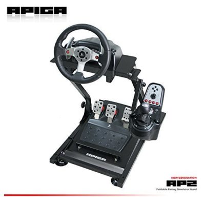 This is an image of a foldable black racing game simulator by APIGA. 