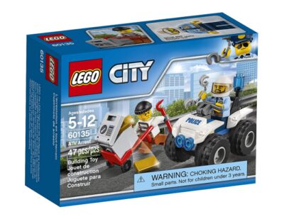 This is an image of a police atv chasing a thief building toy set for kids. 
