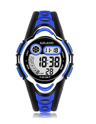 This is an image of a blue waterproof digital watch.