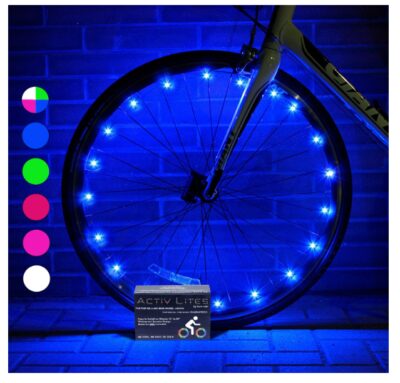 this is an image of a LED bike wheel light with free batteries.