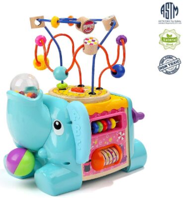 This is an image of toddler's activity cube with elephant design in colorful colors