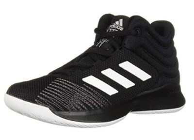 This is an image of a black, white and grey color combination basketball shoes by Adidas for kids. 