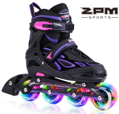 This is an image of kids roller blade skate fave flashing inline in purple and black colors