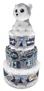 this is an image of a 3 tier navy blue and gary diaper cake in husky dog theme for baby boys. 