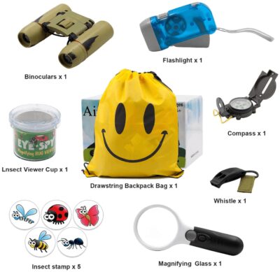 This is an image of boy's explorer nature kit with many accessories