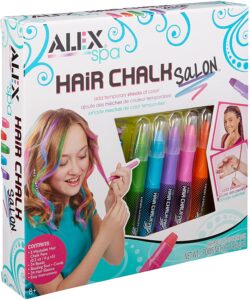 an image of a hair chalk set with colors green, blue, violet, pink and orange inside the box. 