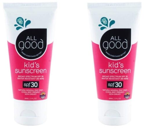 this is an image of a 2 pack water resistant and coral reef safe sunscreen lotion with SPF 30 for kids. 