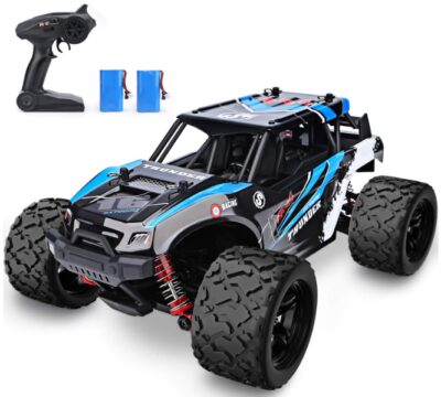 This is an image of Remote control truck with two batteries in black and blue colors