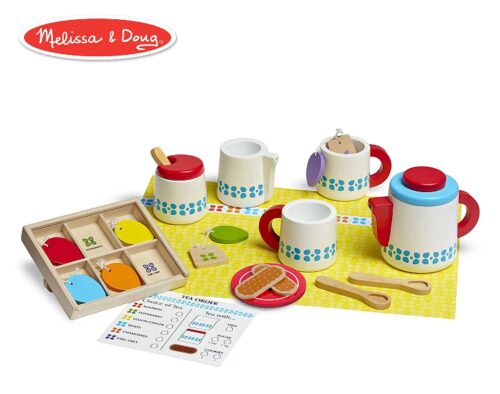 this is an image of an all wood tea playset for kids.
