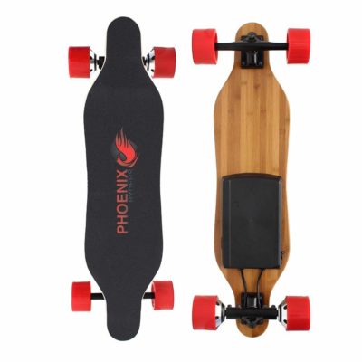 This is an image of a red and black bamboo electric skateboard by Alouette. 