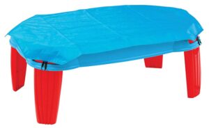 this is an image of a blue and red outdoor sand table with waterproof tarp for kids. 