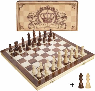 This is an image of a kid's magnetic wooden chess board. 