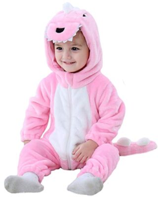 this is an image of a kid wearing a fancy animal costume.