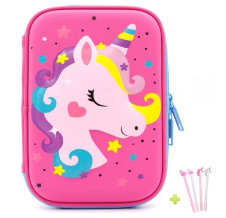 This is an image of a pink unicorn pencil pouch box. 