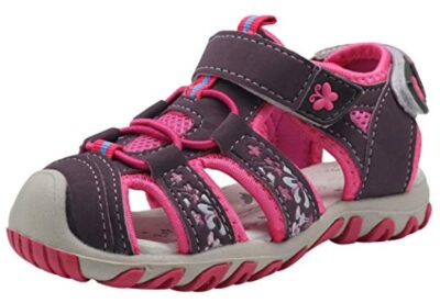 this is an image of a pink little girl's closed toe sandal with arch support. 