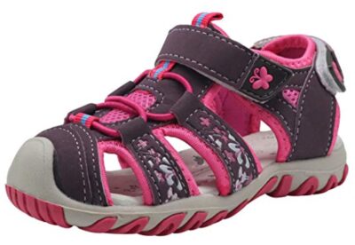 this is an image of a pink little girl's closed toe sandal with arch support.