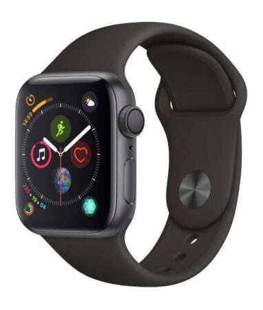 This is an image of a space grey apple watch with black sport band. 