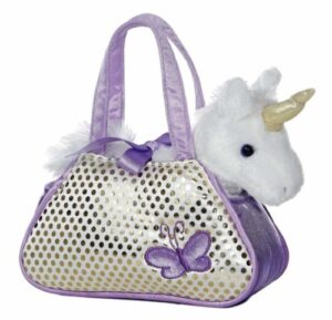 purple girls purse with a unicorn sticking out of the purse