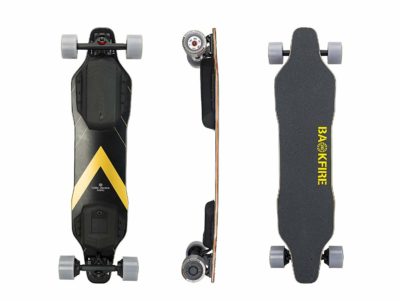 This is an image of a black electric skateboard by BACKFIRE. 