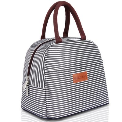 This is an image of a black and white strip tote bag. 