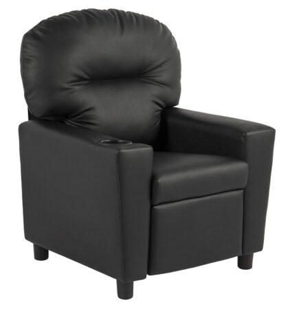 This is an image of a black leather recliner with cup holder designed for kids. 