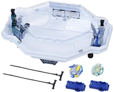 This is an image of kids beyblade battle set with white stadium and two beyblades