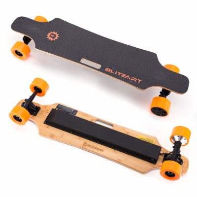 This is an image of a black and orange 38 inch electric skateboard by BLITZART. 