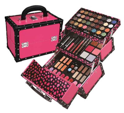 this is an image of a portable and durable pink train case. 