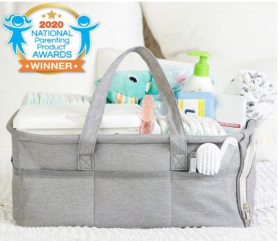 This is an image of baby basket gift diaper organizer in gray color