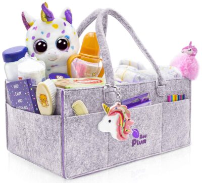 This is an image of babie's diaper organizer in gray and purple colors