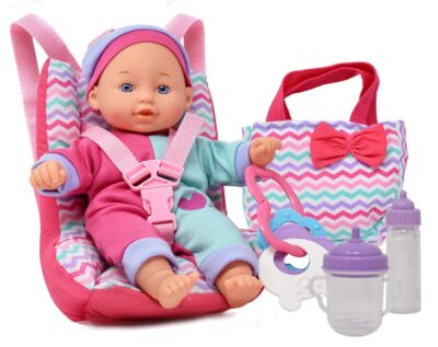 this is an image of a pink traveling baby doll set for little girls. 