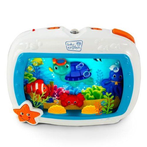 blue and white Baby Einstein Sea Dreams crib Soother with images of fish