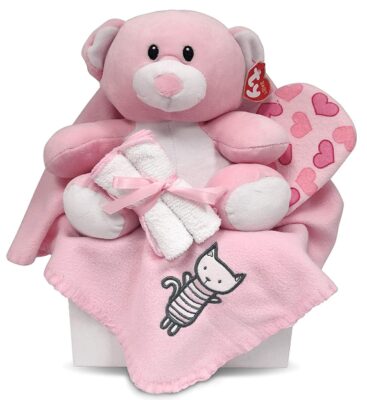This is an image of girl's basket gift with blanket in pink color