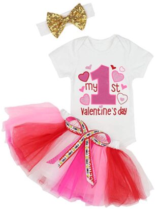 This is an image of girl's valentines day outfit dress in white and pink colors