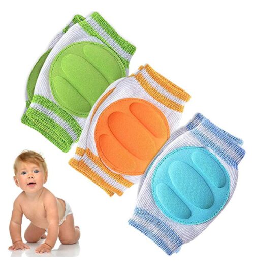 this is an image of a selection of knee pads next to a baby boy. 