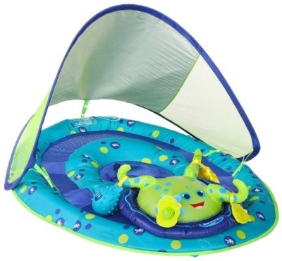 This is an image of baby swimming float witn center activity and canopy has a octopos design in blue and green colors