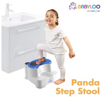 this is an image of a kid using a panda step tool. 