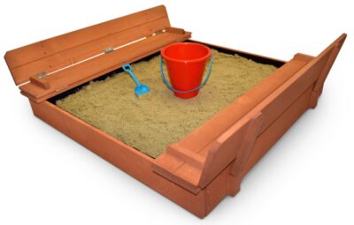 this is an image of a wooden outdoor sand box with convertible bench seats for kids. 