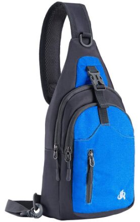 This is an image of kid's bag sling backpack in black and blue colors