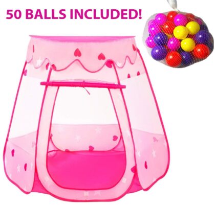 This is an image of pink ball princess castle play tents for girls with 50 balls by Playz