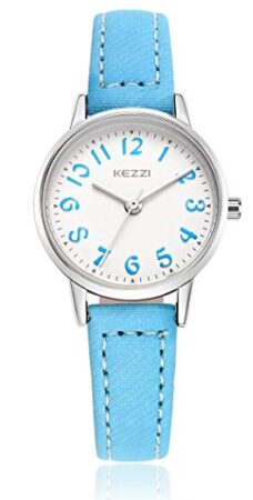 This is an image of BAOSAILI Watch for Girls Easy Reading Times Teacher Leather Kids Watches in light blue color