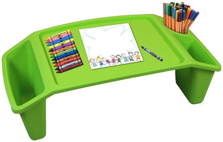 This is an image of kid's lap desk with trays. Green color