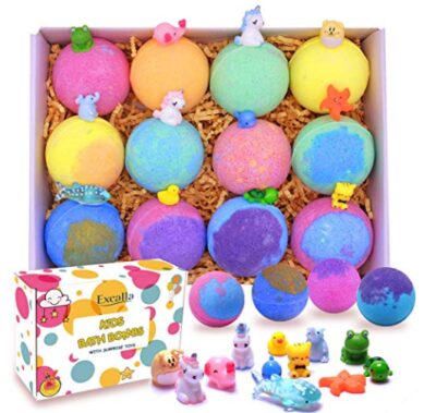 this is an image of a bath bombs with surprise toys inside for kids. 