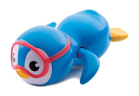 This is an image of a swimming blue penguin toy. 