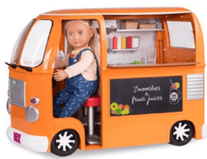 Doll Food Truck Deluxe Accessory Set with 1 doll inside the 18 inch food truck