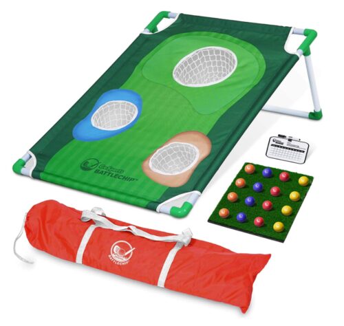 this is an image of a backyard golf cornhole game designed for the whole family. 
